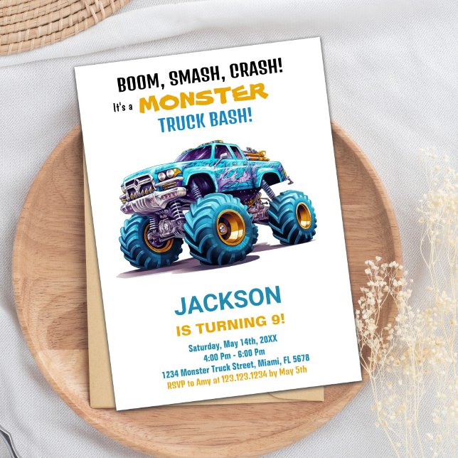 Convites Monster Truck Invances Birthday Laranja Azul (Monster Truck Birthday Invitations Orange Blue)