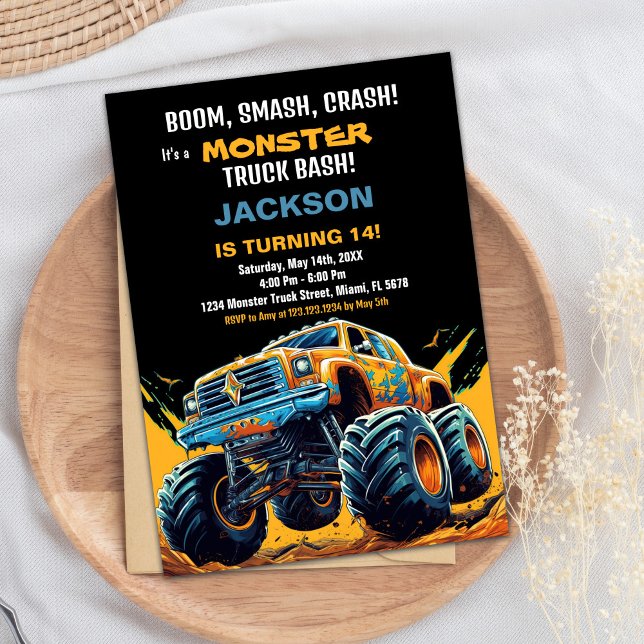 Convites Monster Truck Invances Birthday Laranja BC (Monster Truck Birthday Invitations Orange BC)