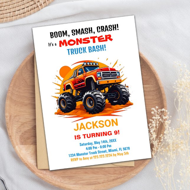Convites Monster Truck Invances Birthday Laranja White (Monster Truck Birthday Invitations Orange White)