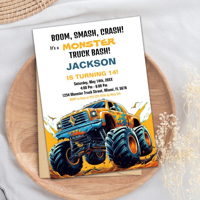 Convites Monster Truck Invances Birthday Orange (Monster Truck Birthday Invitations Orange)