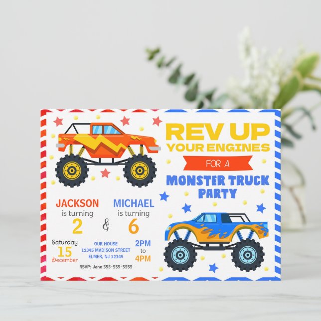Convites Monster Truck Joint Birthday Invitation Siblings (Em pé/Frente)