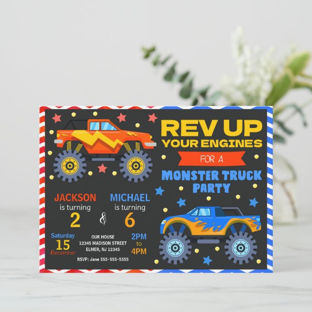 Convites Monster Truck Joint Birthday Invitation Siblings (Em pé/Frente)