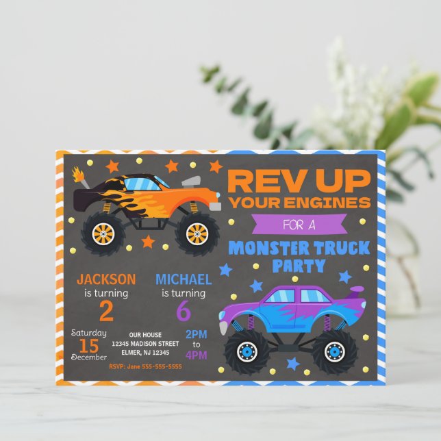Convites Monster Truck Joint Birthday Invitation Siblings (Em pé/Frente)