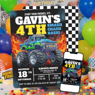 Convites Monster Truck Legal Azul 4º Aniversário Personaliz