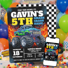 Convites Monster Truck Legal Blue 5 Birthday Personalizado