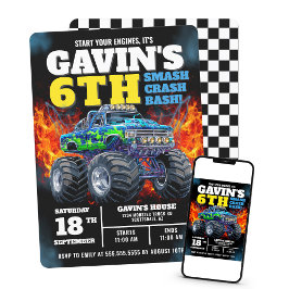 Convites Monster Truck Legal Blue 6 Birthday Personalizado