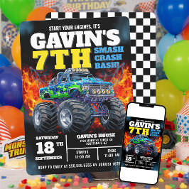 Convites Monster Truck Legal Blue 7 Birthday Personalizado