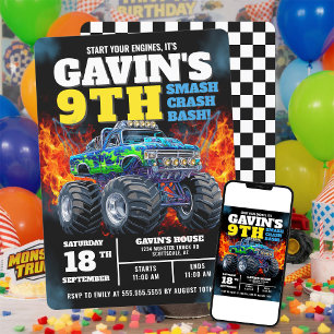 Convites Monster Truck Legal Blue 9º Aniversário Personaliz