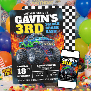 Convites Monster Truck Legal Blue aniversário de 3 anos Per