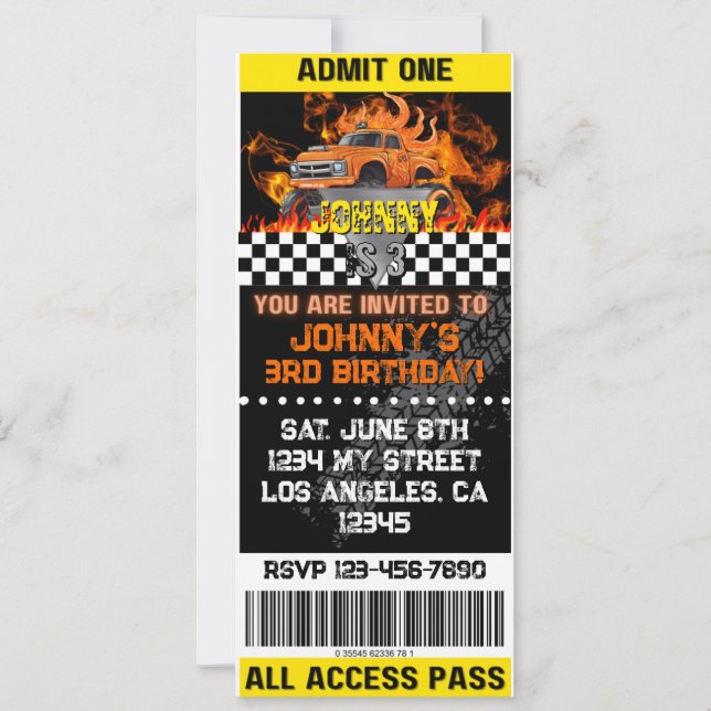 Convites Monster Truck Orange Flames Invite (Frente)