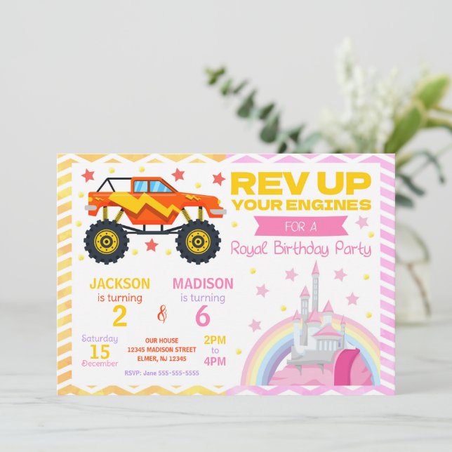 Convites Monster Truck & Princess Joint Birthday Invitation (Em pé/Frente)