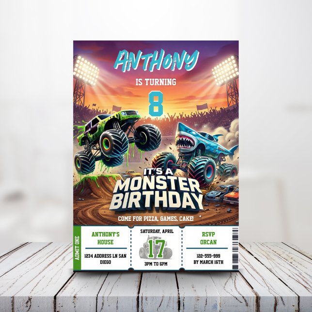 Convites Monster Truck Shark invitation Boy Party (Criador carregado)