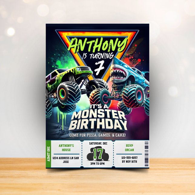 Convites Monster Truck Shark invitation Boy Party (Criador carregado)