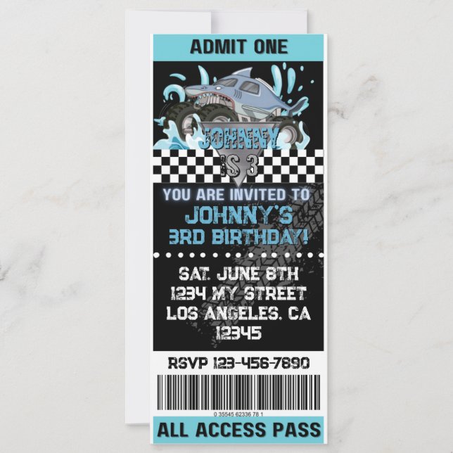 Convites Monster Truck Shark Invite (Frente)