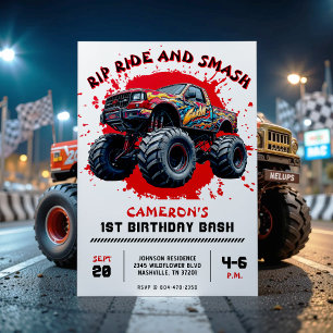 Convites Monster Truck Smash Red primeiro aniversario Party