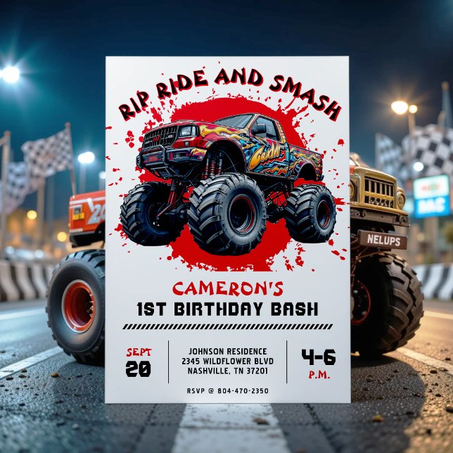 Convites Monster Truck Smash Red primeiro aniversario Party (Monster Truck Smash Red 1st Birthday Party Invitation
)