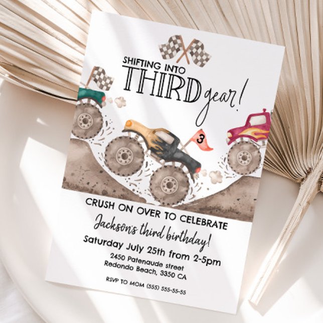 Convites Monster Truck THIRD Gear 3rd birthday kids (Monster truck third gear birthday invitation)