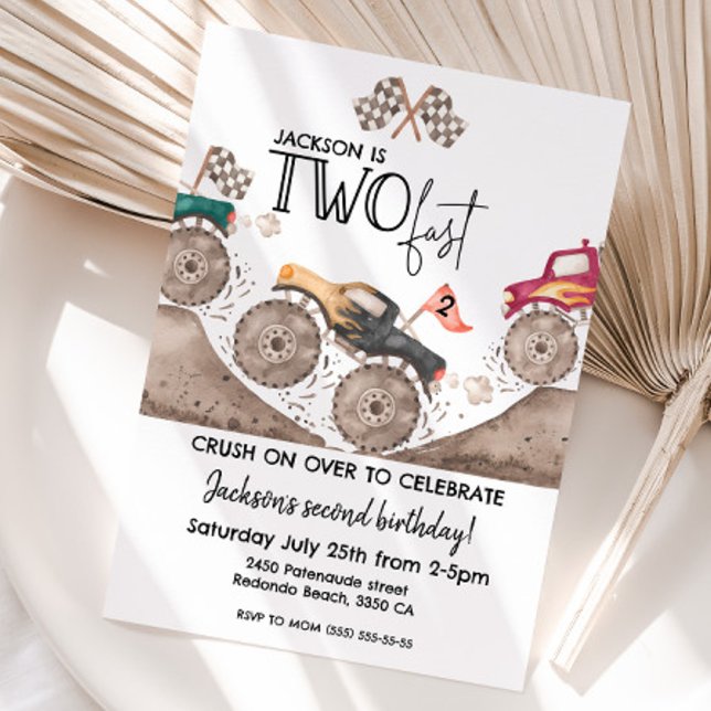 Convites Monster Truck TWO FAST 2º aniversário infantil (Monster truck two fast birthday invitation)