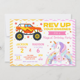 Convites Monster Truck & Unicorn Joint Birthday Invitation