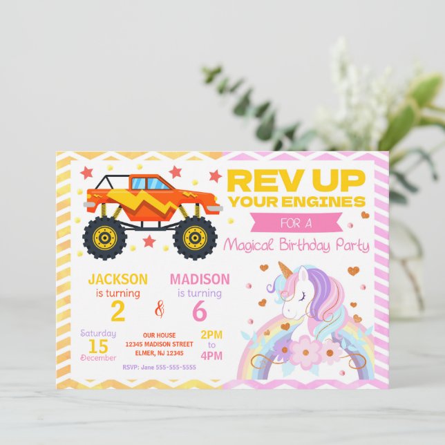 Convites Monster Truck & Unicorn Joint Birthday Invitation (Em pé/Frente)
