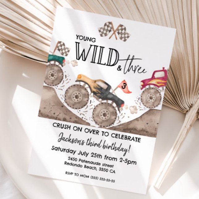Convites Monster Truck YOUND WILD & THREE 3rd birthday kids (Young Wild and three monster truck birthday invitation)