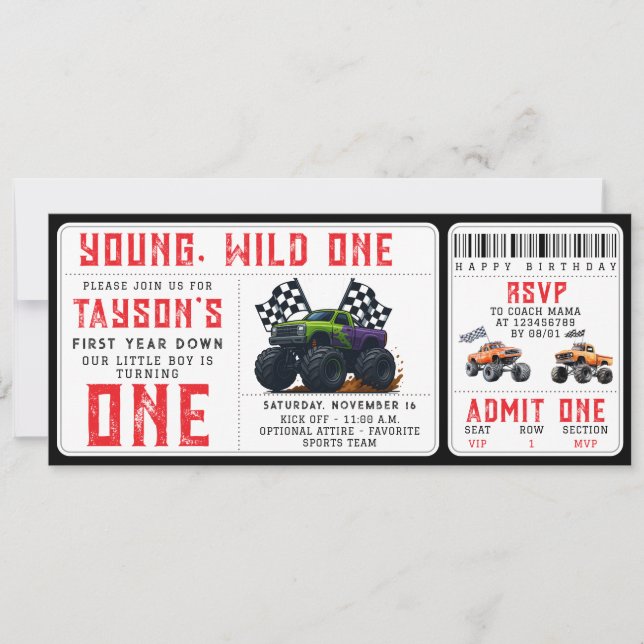Convites Monster Trucks 1st Birthday Ticket Invitation  (Frente)