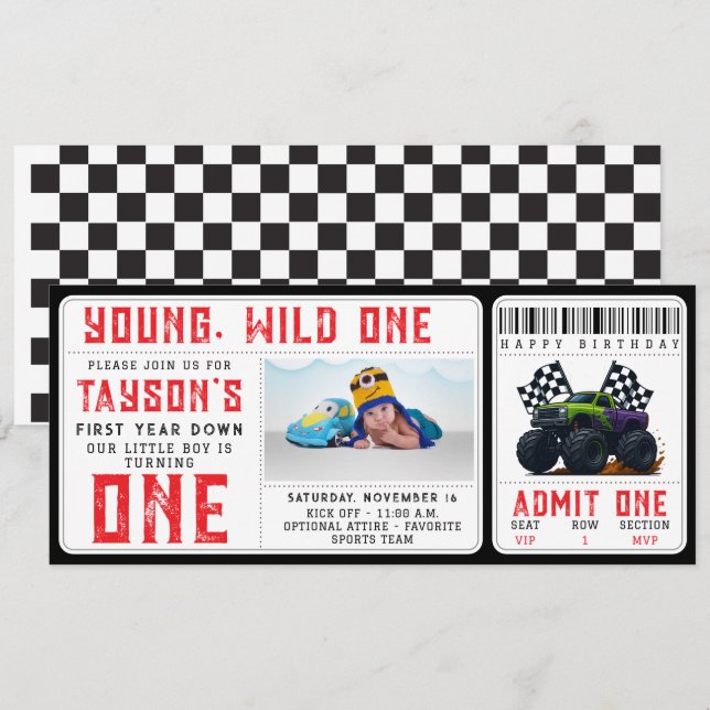 Convites Monster Trucks 1st Birthday Ticket Invitation (Frente/Verso)