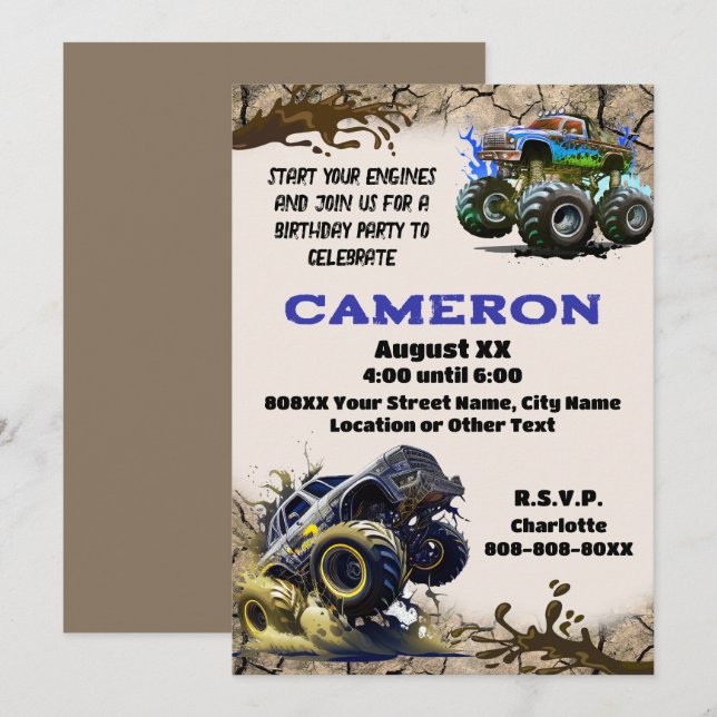 Convites Monster Trucks na Lama (Frente/Verso)