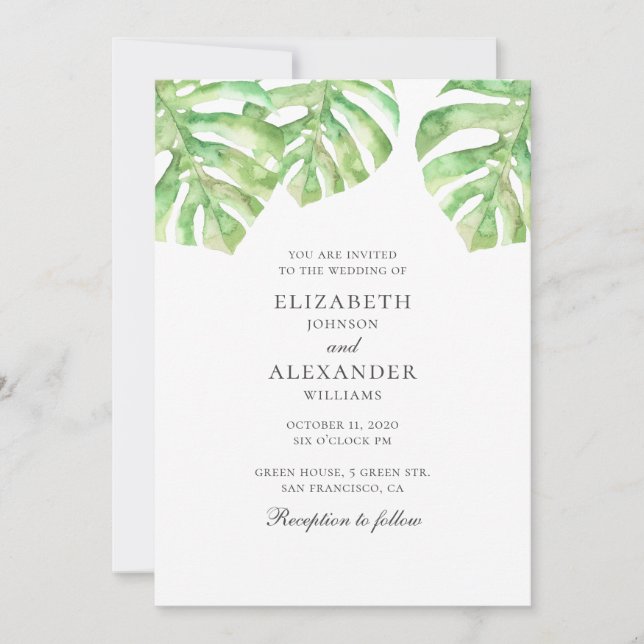 Convites Monstera. Casamento tropical com vegetação aquátic (Frente)