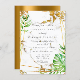 Convites Monstera Dourado Quadro Poligonal Greenery Marble