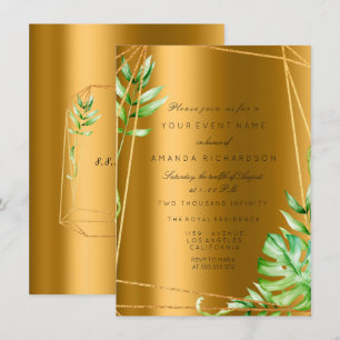 Convites Monstera Gold Moldura Poligonal Folhagens Noiva Ca