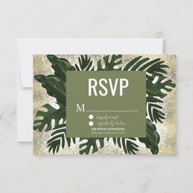 Convites Monstera Tropical Falso Splash Dourado RSVP (Frente)