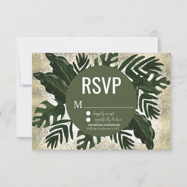 Convites Monstera Tropical Falso Splash Dourado RSVP (Frente)