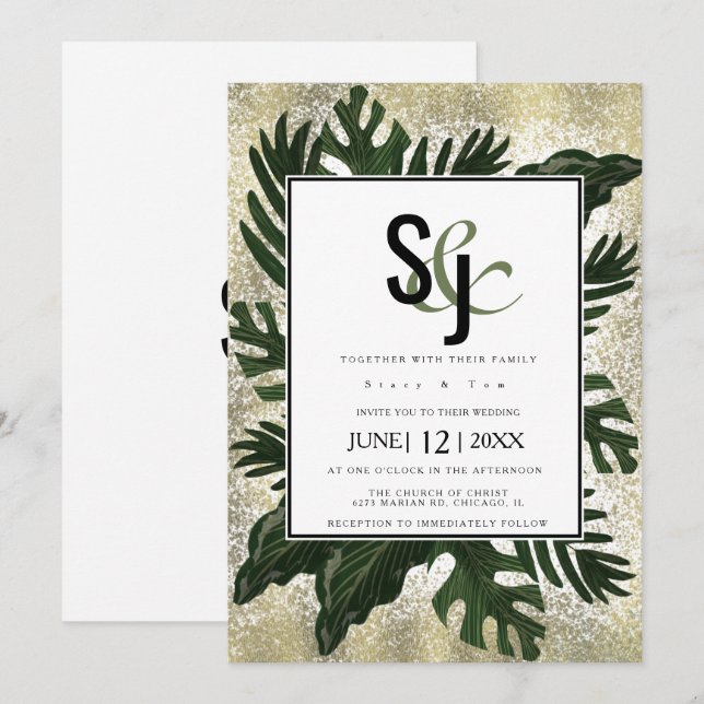 Convites Monstera Tropical Faux Dourada Splash Wedding Suit (Frente/Verso)