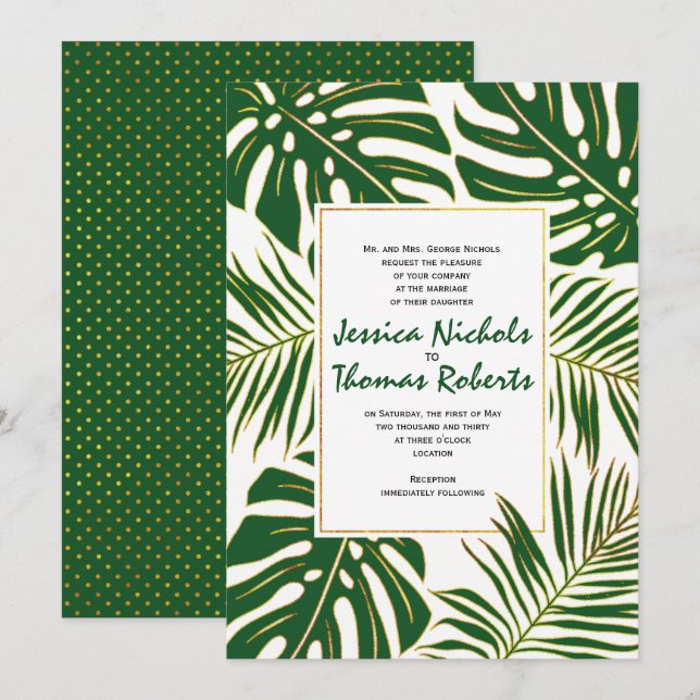 Convites Monstera tropical, palma de ouro verde casamento (Frente/Verso)