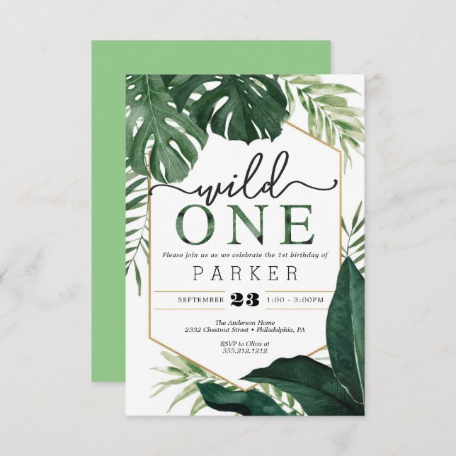 Convites Monstera Tropical Wild One First Birthday Invite (Frente/Verso)