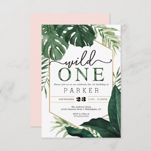 Convites Monstera Tropical Wild One First Birthday Invite (Frente/Verso)