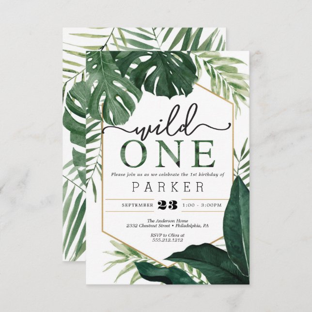 Convites Monstera Tropical Wild One First Birthday Invite (Frente/Verso)