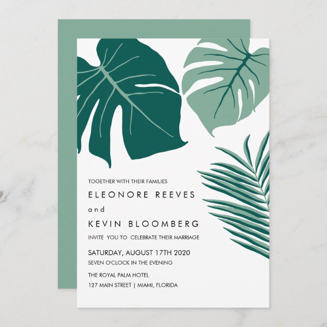 Convites Monstera | Verde | Casamento de Folhas Tropicais (Frente/Verso)