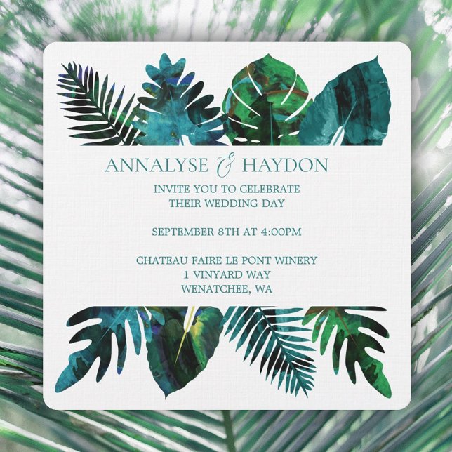 Convites Monstera Verde-Folha-Tropical Deixa Casamento (tropical teal green island leaves wedding invitations, vibrant monstera leaves, ferns, & palm leaves)