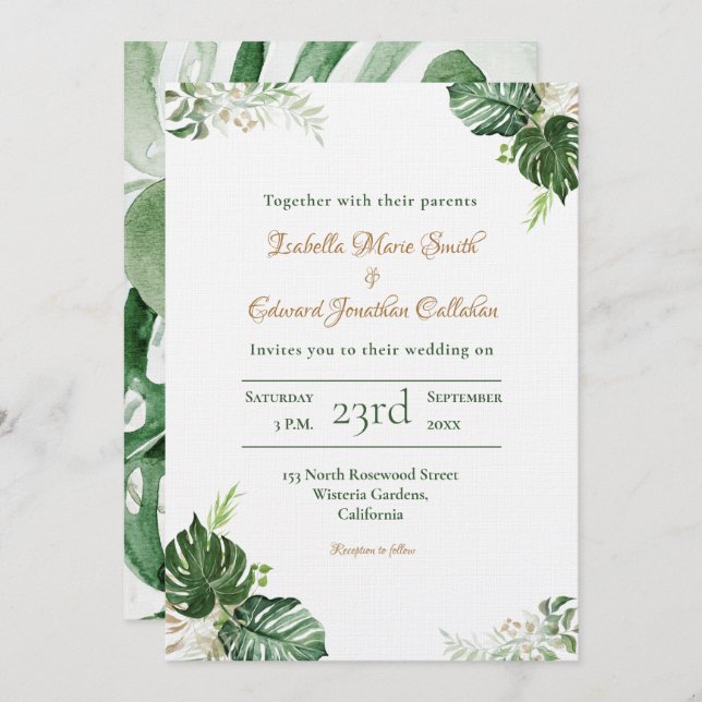 Convites Monstera Verde Tropical Deixa Casamento De Aquarel (Frente/Verso)