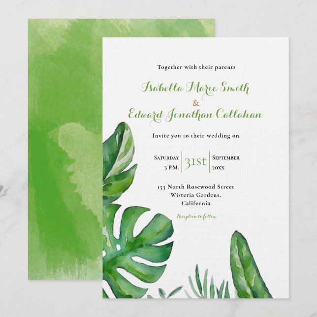 Convites Monstera Verde Tropical Deixa Casamento De Aquarel (Frente/Verso)