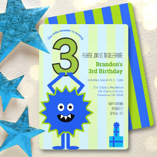 Convites Monstrinho Azul 3º Aniversário Menino Divertido Fo