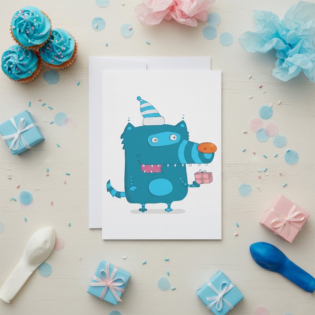 Convites Monstro de Desenho Animado Azul Divertido com Chap (Criador carregado)
