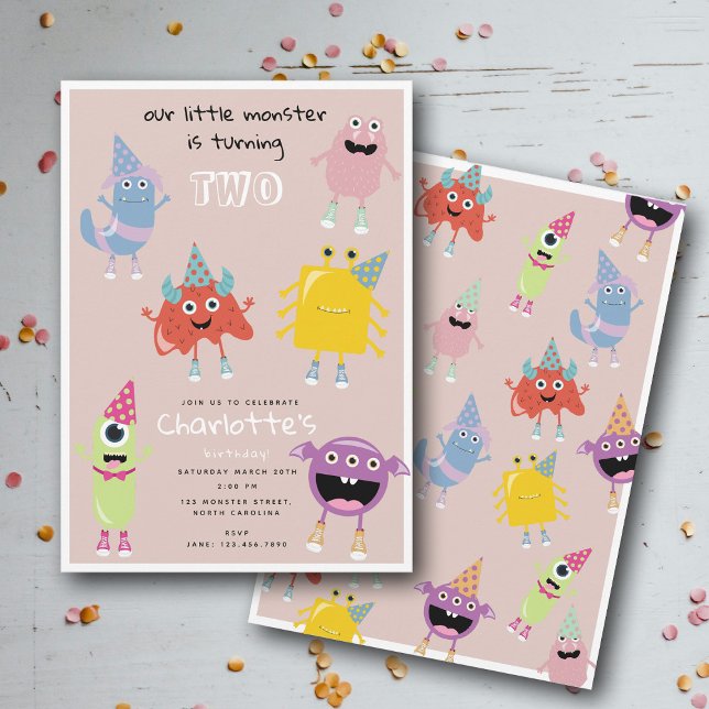 Convites Monstros Coloridos Bonitos, Festa de aniversario d (Cute Colorful Monsters Pink Girls Birthday Party Invitation)