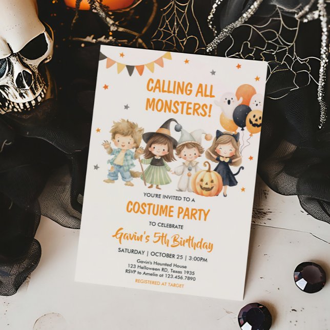Convites Monstros Spooktaculares Figurino de Halloween Aniv (Calling All Monsters Costume Halloween Birthday Party Invitation)