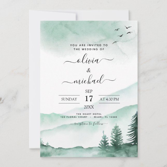 Convites Montanha Rustic Watercolor Casamento Verde Invita (Frente)