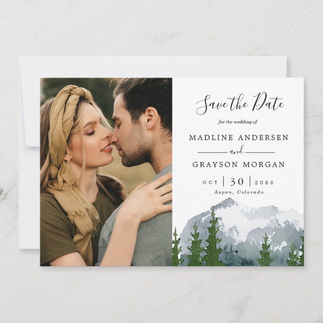 Convites Montanha Watercolor Pine Duas Foto Salvar Data (Frente)