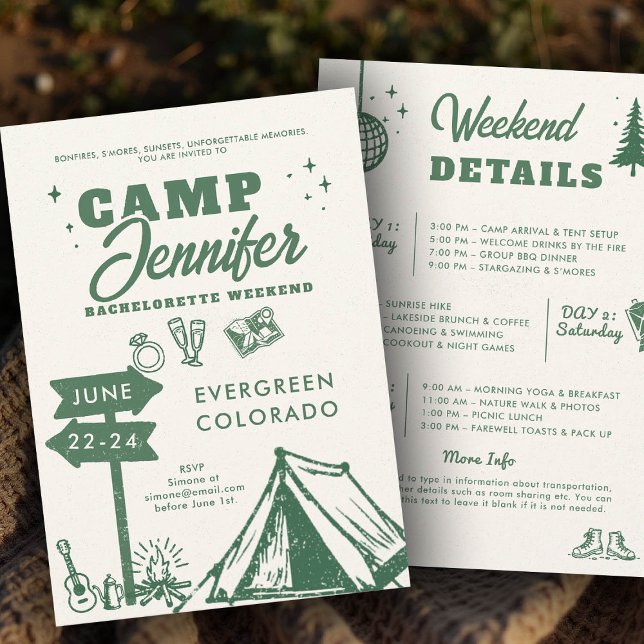 Convites Montanhas de acampamento Festa de solteira verde d (camp bachelorette invitation itinerary camping glamping hiking nature bach modern hand drawn)