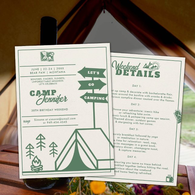 Convites Montanhas de Camping Forest aniversário de 30 anos (camping 30th birthday weekend itinerary modern minimalist camp mountains forest)